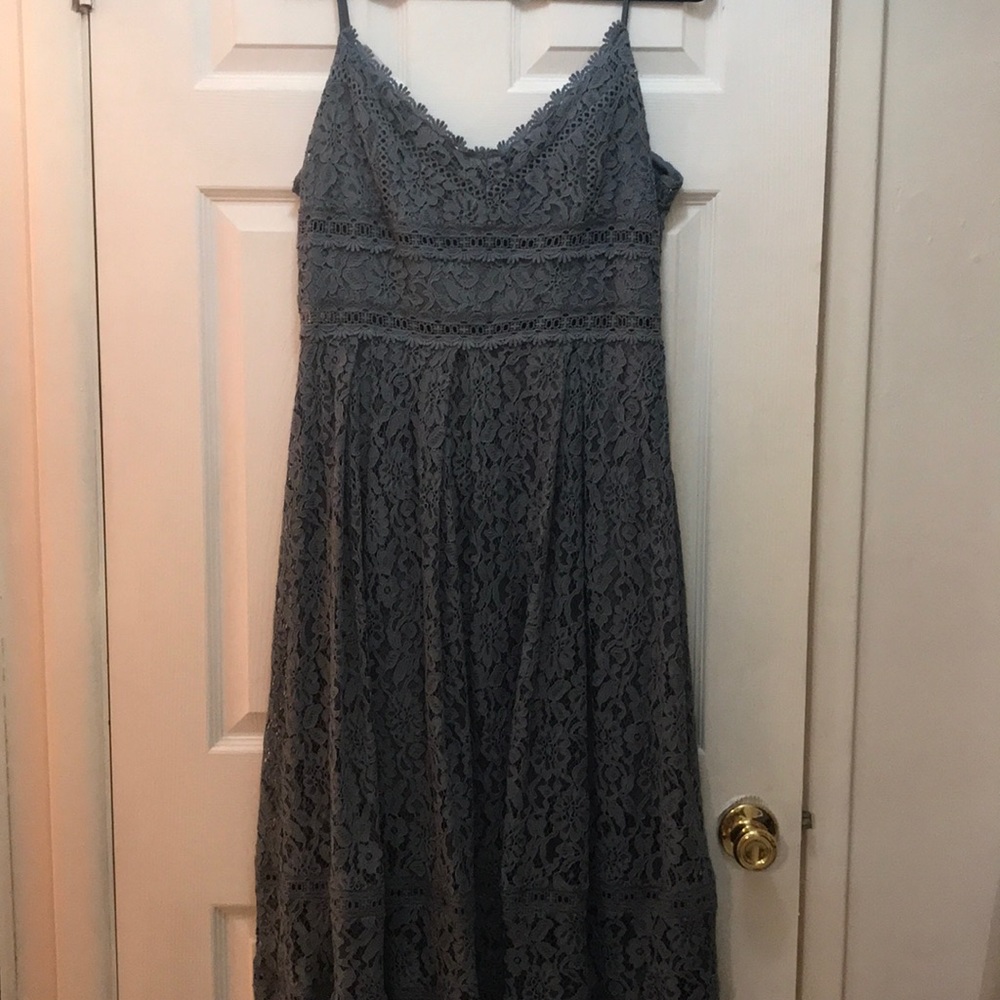 NSR dusty blue lace tea length dress